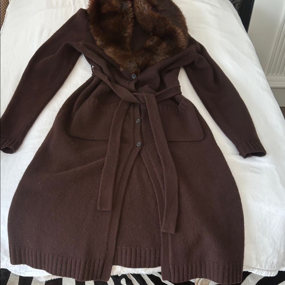 RLL Wool Cashmere knit Brown Sweater Coat removable Faux Fur Collar M